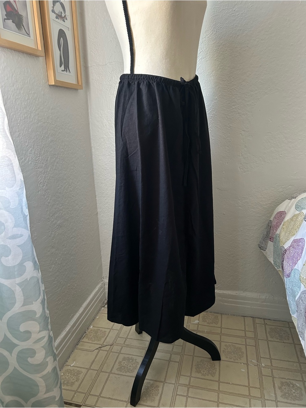 Joe Fresh Linen Blend Classic Black Drawstring Waist Midi Skirt